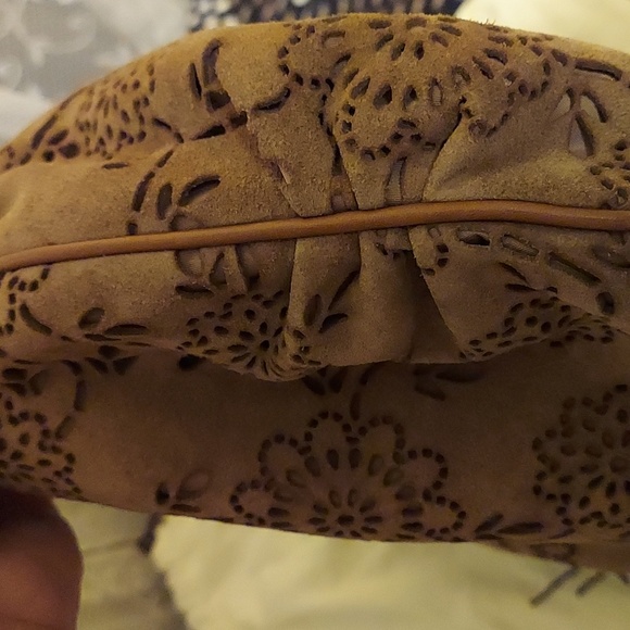 COLE HAAN Suede Laser Etched Floral Motif Hobo Bag w/ Leather Braided Strap - Picture 11 of 13